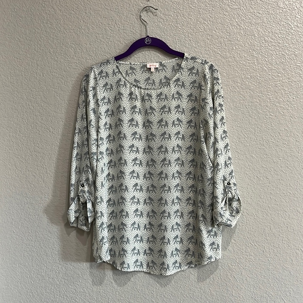 Pixley Stitch Fix Size S Gray White Elephant Print 3/4 Sleeve Roll Tab Blouse